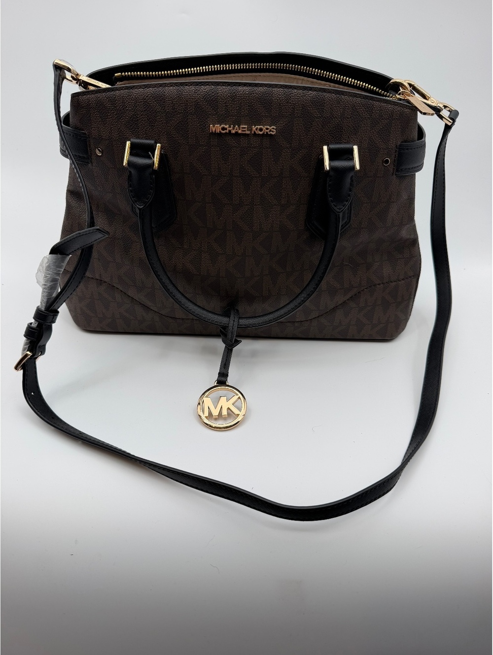 Michael Kors brown MK monogram satchel crossbody handbag